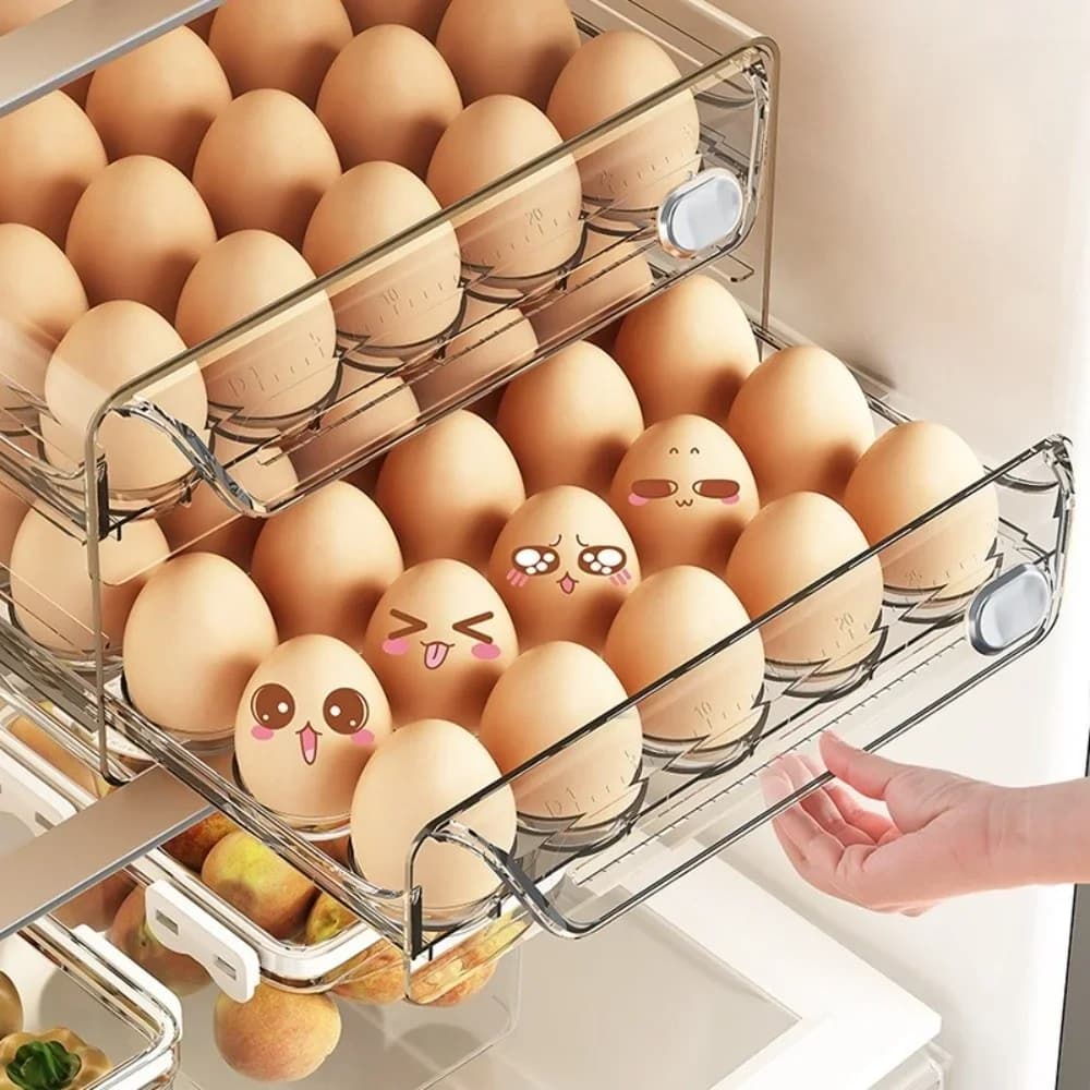 Caja transparente para almacenar huevos, doble capa, soporte de plástico transparente para huevos, escala de tiempo, gran capacidad, organizador de cajón para huevos