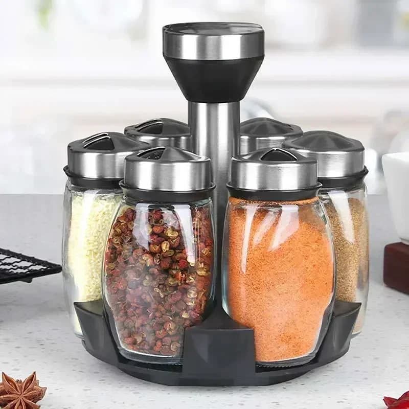 NUEVO juego de tarro de vidrio para una botella y estante para especias, botellas de vidrio para condimentos, azúcar, pimienta, saleros, soporte para cocina
