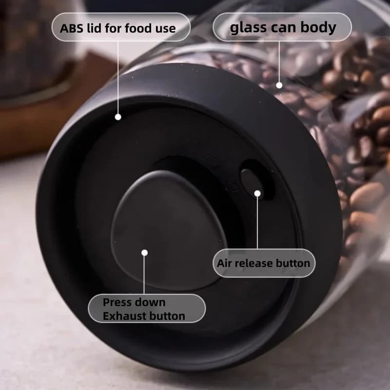 Tarro de café de gran capacidad con tapa negra, almacenamiento manual al vacío y a prueba de humedad, tarro sellado de vidrio para té, café y granos de café para cocina