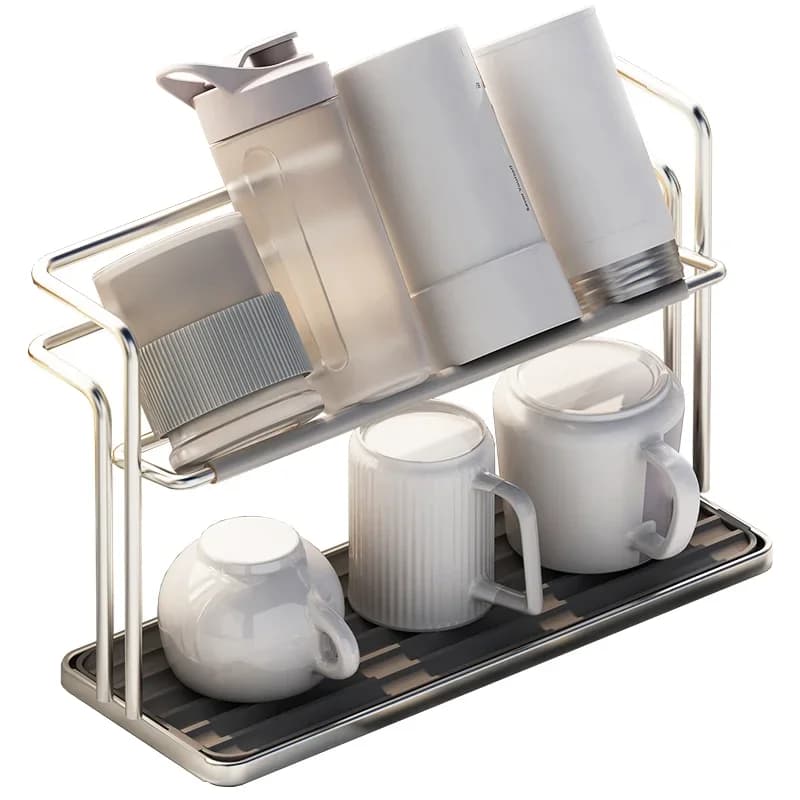 Estante doble de acero inoxidable para vasos de cocina, colgante boca abajo, soporte de almacenamiento para tazas, bandeja doméstica