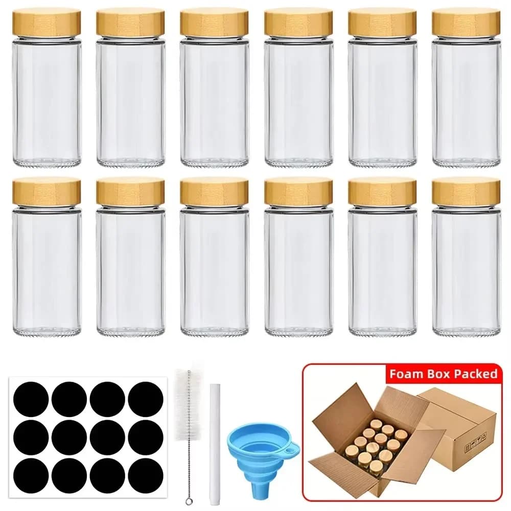 Juego de frascos de especias de vidrio de 6/12/24 piezas con tapas de bambú o metálicas, incluye etiquetas minimalistas para especias y embudo plegable