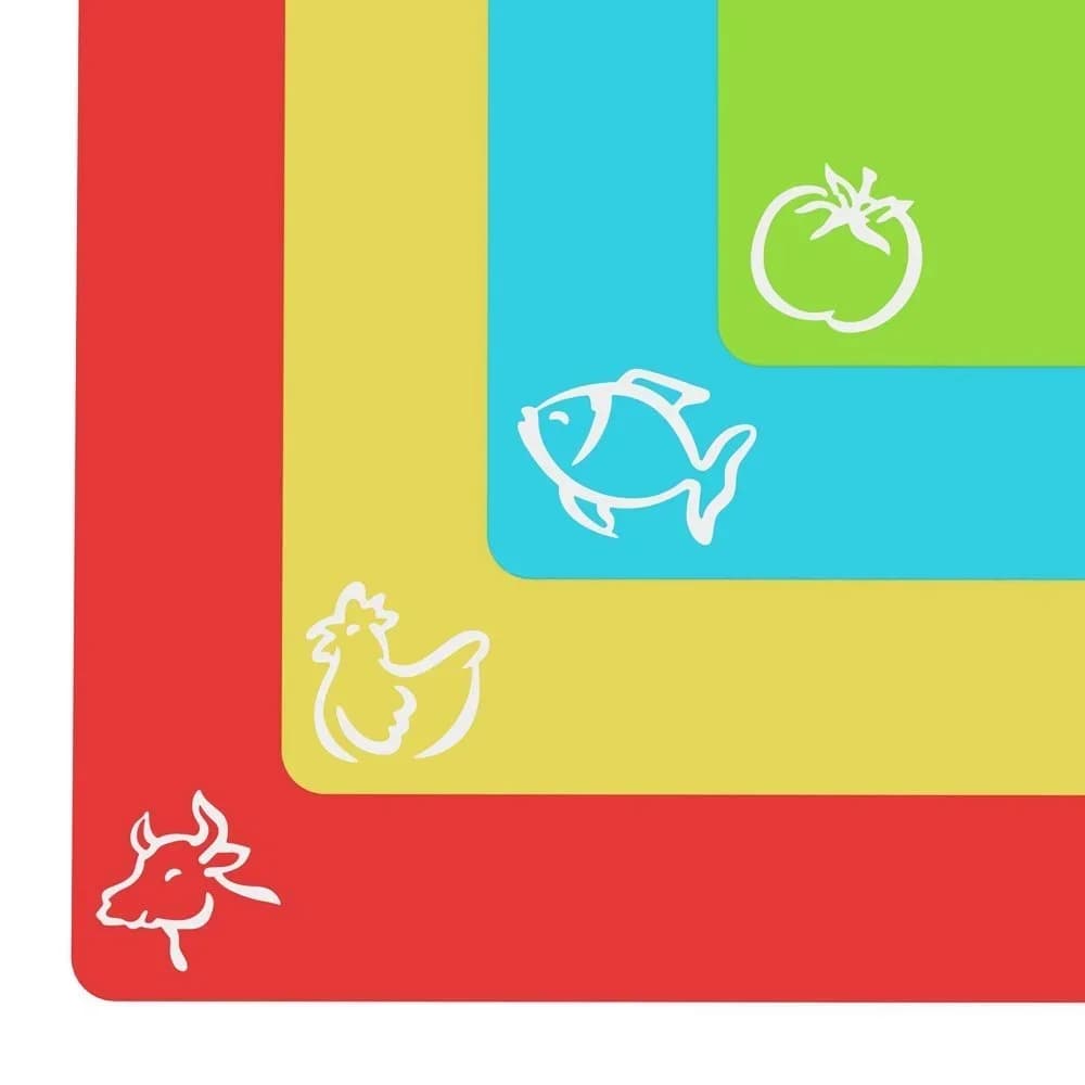 Juego de 4 tablas de cortar de plástico flexible antideslizante con iconos de alimentos, tapetes de corte de cocina