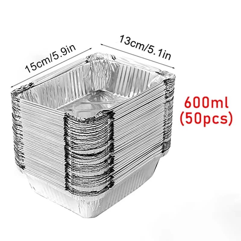 50 piezas de papel de aluminio desechable, varios tamaños, bandejas de aluminio perfectas para cocinar, calentar, almacenar y preparar alimentos.
