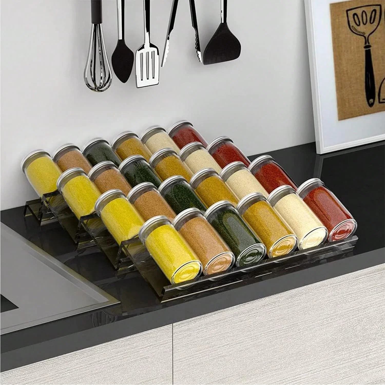 Organizador de cajón para especias de 4/2 niveles, bandeja ajustable de acrílico para tarros, organizador expandible de condimentos para armario y cocina