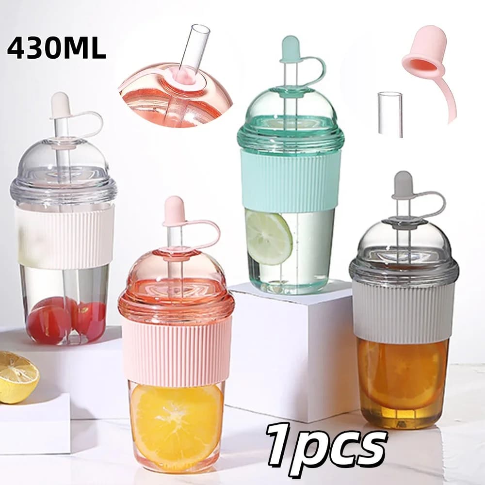 1pc vaso portátil con pajita abatible de 430ml, plástico, estilo ins, botella de agua de gran capacidad, para té, café, leche, resistente al calor, vasos para jugo y gelatina