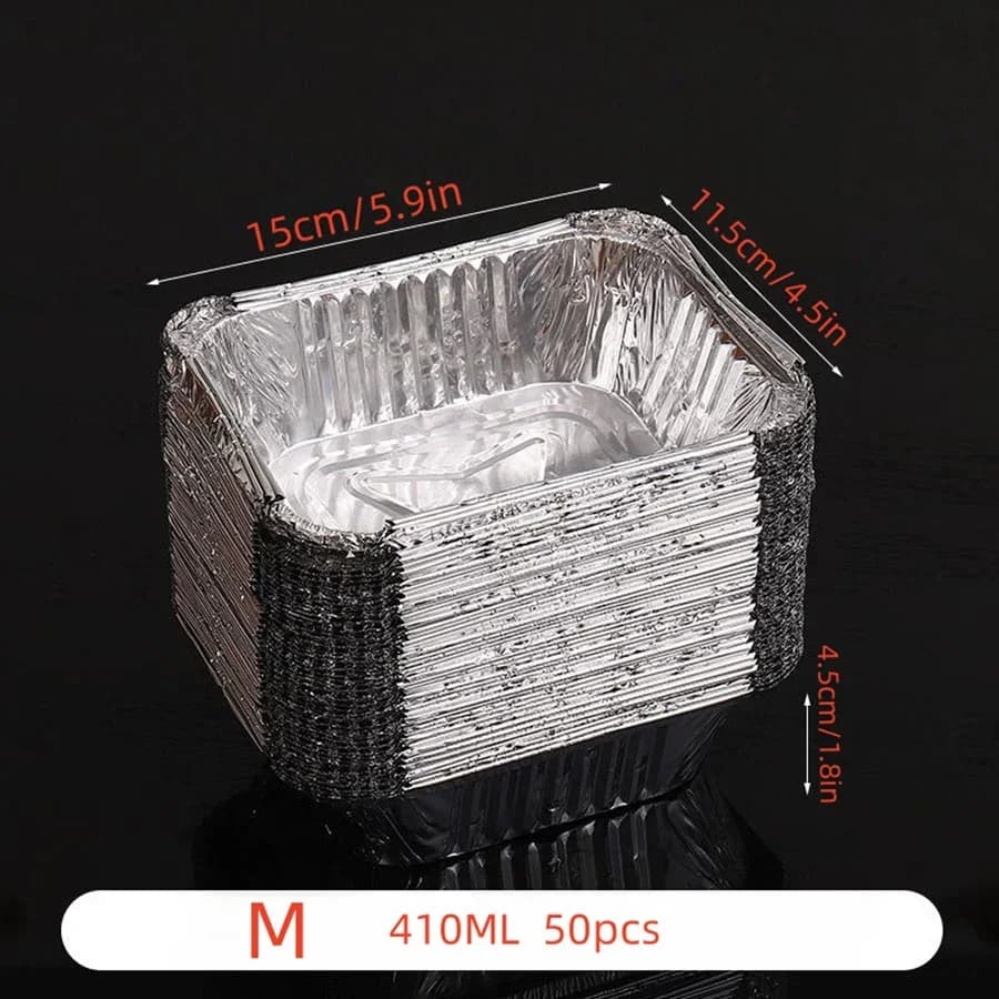 50 piezas de papel de aluminio desechable, varios tamaños, bandejas de aluminio perfectas para cocinar, calentar, almacenar y preparar alimentos.