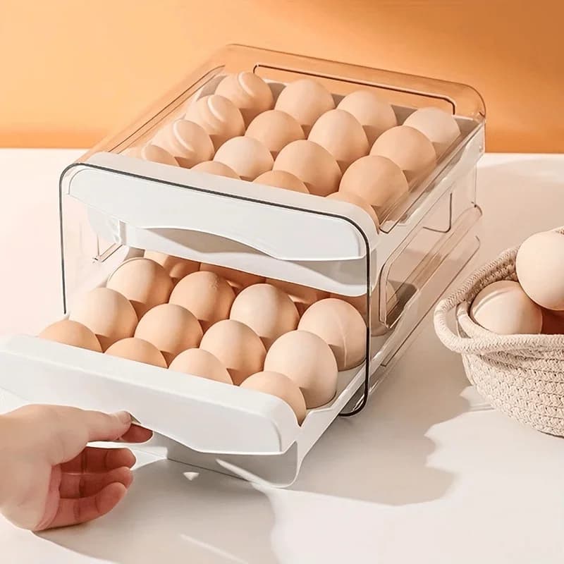 Caja de almacenamiento para huevos de cocina 1 unidad, refrigerador, plástico fresco, de 2 niveles, tipo cajón, gran capacidad, organizador para cocina