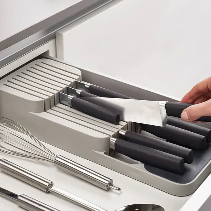 Bandeja de almacenamiento para cubiertos de cajón de cocina, soporte para cuchillos, organizador de utensilios de mesa, recipiente para frascos de especias, bloque y estante para cuchillos