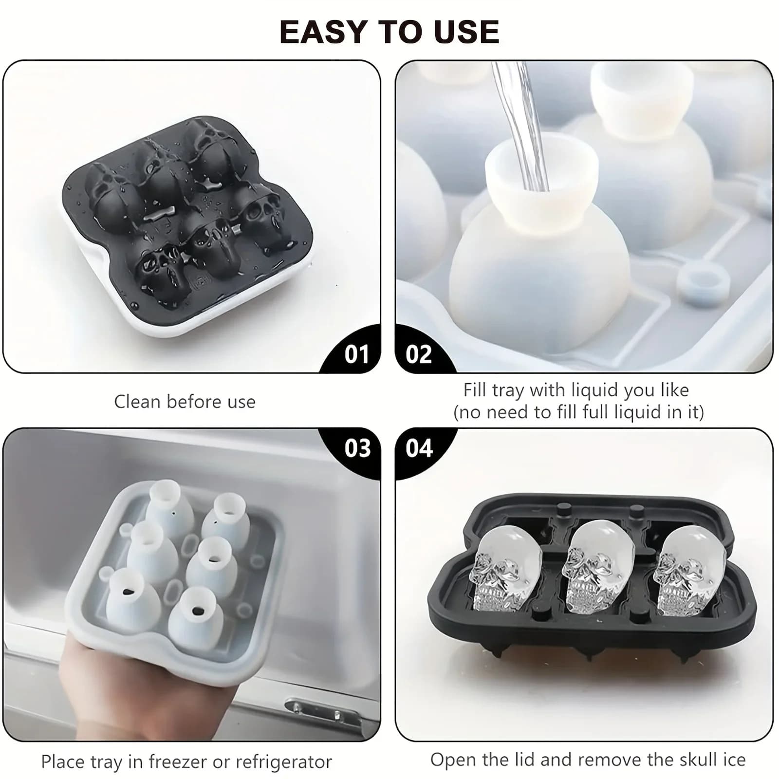 Molde de silicona para bola de hielo en forma de calavera 3D, bandejas flexibles para cubitos de hielo, libres de BPA, para congelador, moldeador de bolas de hielo para cócteles con calavera de terror
