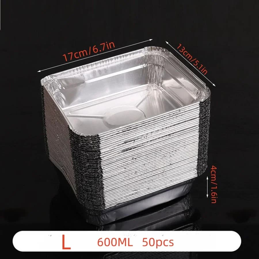 50 piezas de papel de aluminio desechable, varios tamaños, bandejas de aluminio perfectas para cocinar, calentar, almacenar y preparar alimentos.