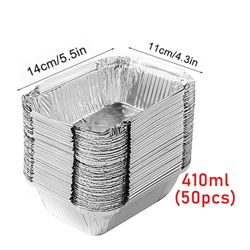 50 piezas de papel de aluminio desechable, varios tamaños, bandejas de aluminio perfectas para cocinar, calentar, almacenar y preparar alimentos.