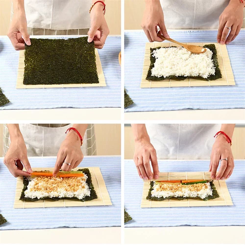 Estera de bambú para sushi exquisita con acabado blanco, enrollador de arroz y alga nori, antiadherente, estilo japonés, esencial de cocina para hacer sushi