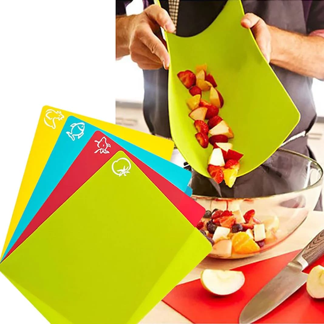 Juego de 4 tablas de cortar de plástico flexible antideslizante con iconos de alimentos, tapetes de corte de cocina