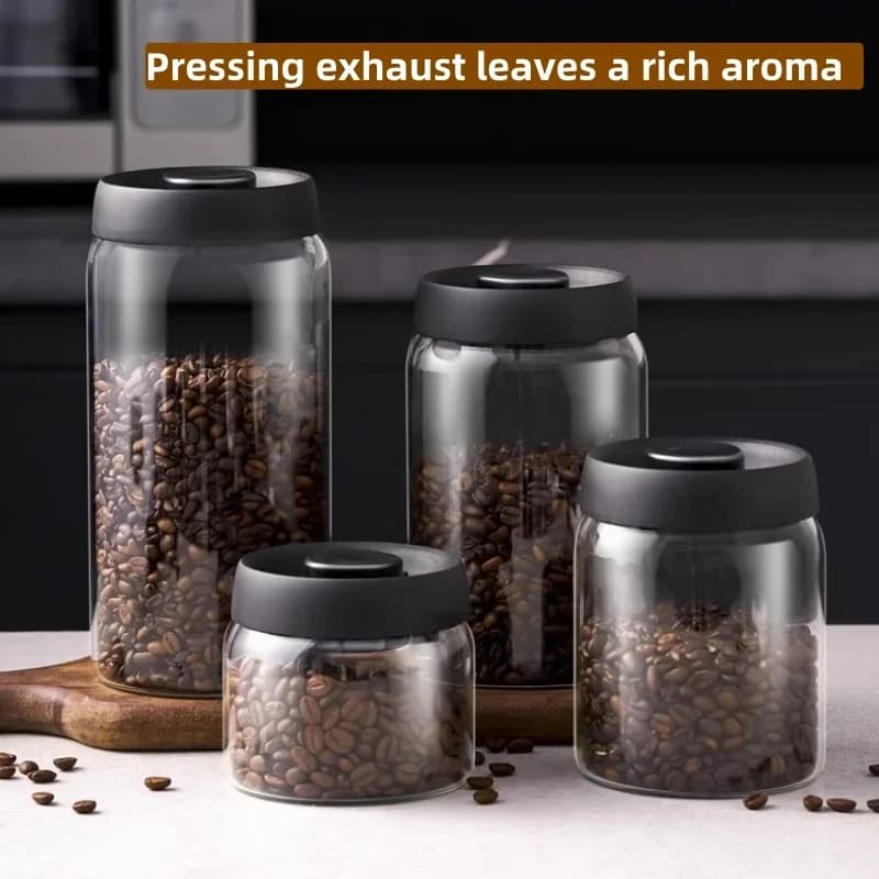 Tarro de café de gran capacidad con tapa negra, almacenamiento manual al vacío y a prueba de humedad, tarro sellado de vidrio para té, café y granos de café para cocina