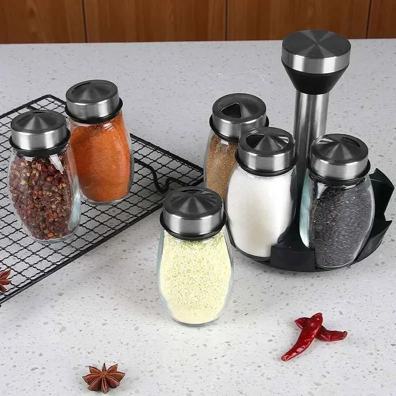 NUEVO juego de tarro de vidrio para una botella y estante para especias, botellas de vidrio para condimentos, azúcar, pimienta, saleros, soporte para cocina