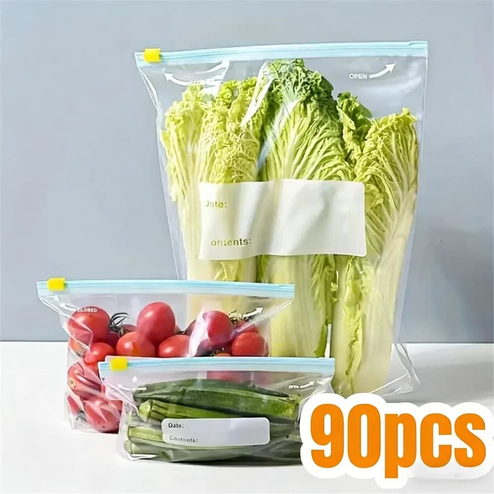 10-90pcs Bolsas de almacenamiento frescas con cierre hermético para frutas, cereales, verduras y carne, a prueba de fugas, para congelador