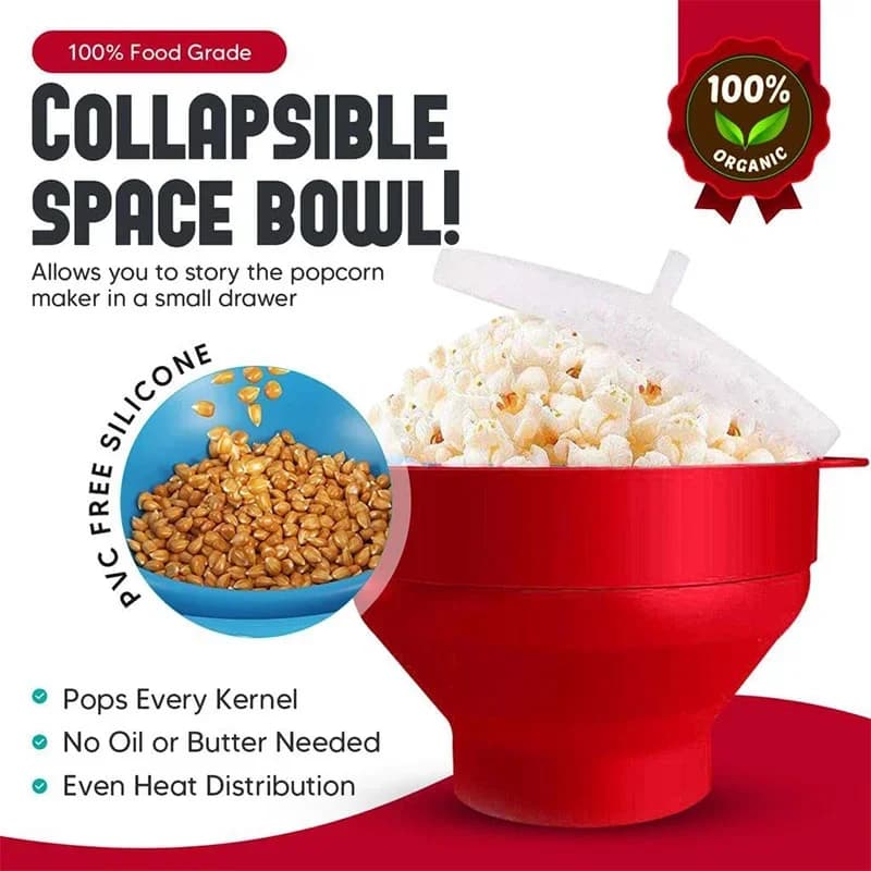 Máquina para hacer palomitas de maíz de silicona para microondas, libre de BPA, cuenco plegable para palomitas, apto para microondas, con tapa, apto para lavavajillas