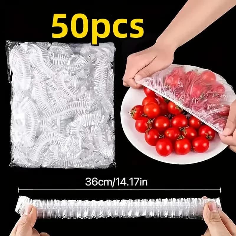50 fundas reutilizables elásticas de PE para alimentos: tapas de plástico estirables para pan, frutas y snacks | Sello transparente duradero