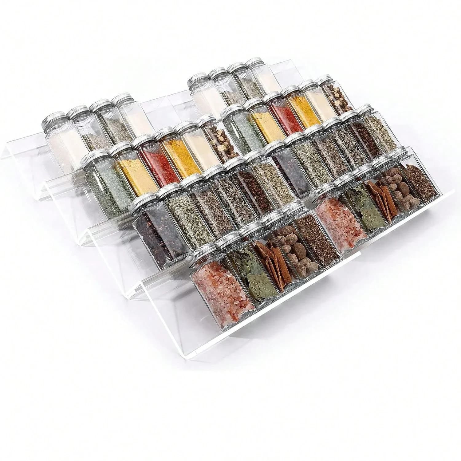 Organizador de cajón para especias de 4/2 niveles, bandeja ajustable de acrílico para tarros, organizador expandible de condimentos para armario y cocina
