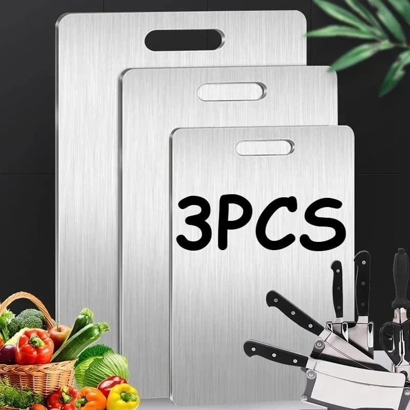 Tabla de cortar de acero inoxidable de 3 piezas: tabla de picar de doble cara y gran resistencia para carne, verduras, amasado de masa y preparación de cocina