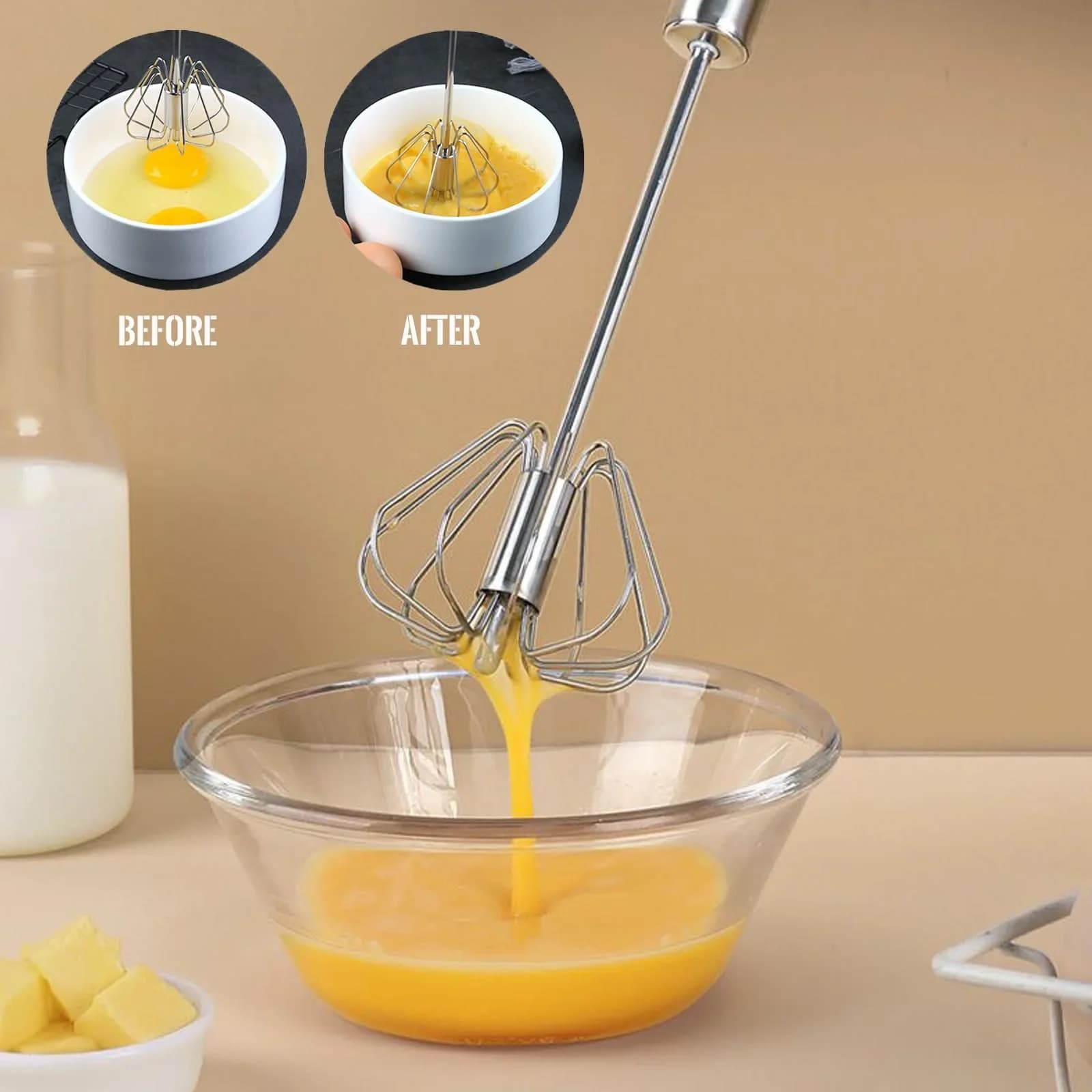 Batidor de huevos de acero inoxidable, duradero, semiautomático, para mezclar, batir y emulsionar huevos y crema sin esfuerzo, para cocina y repostería